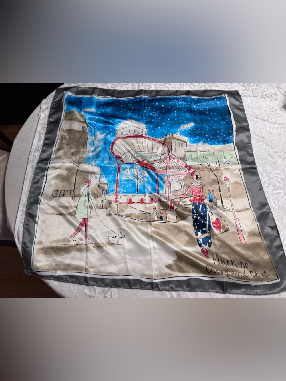 Moschino Gray and Cream Silk Scarf with Logo Tag